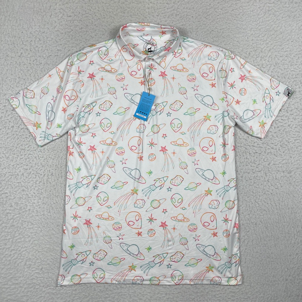 Proud 90 Golf Polo Mens XL White Space Alien UFO Rainbow Performance Shirt